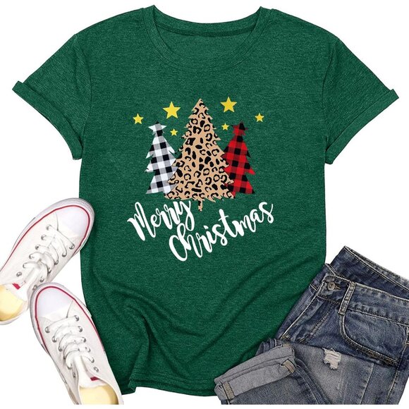 Women Plus Size Christmas Leopard Tree T-Shirt Short Sleeve Holiday Top - Picture 6 of 7